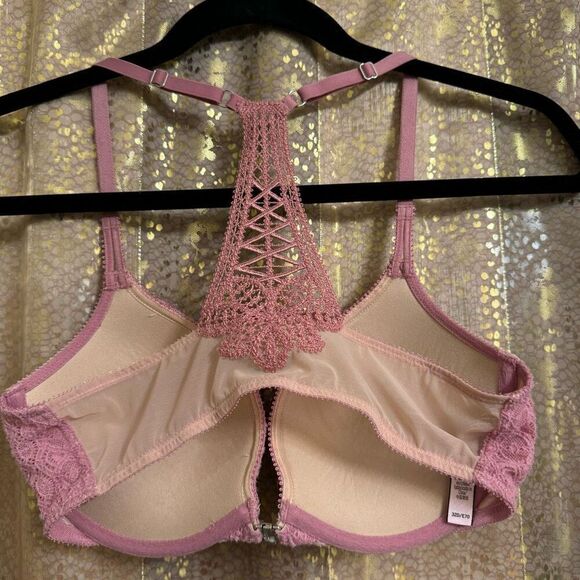 Victorias Secret Dream Angels Mauve Pink Lace Racerback Front Clip Bra 32D - Picture 2 of 7